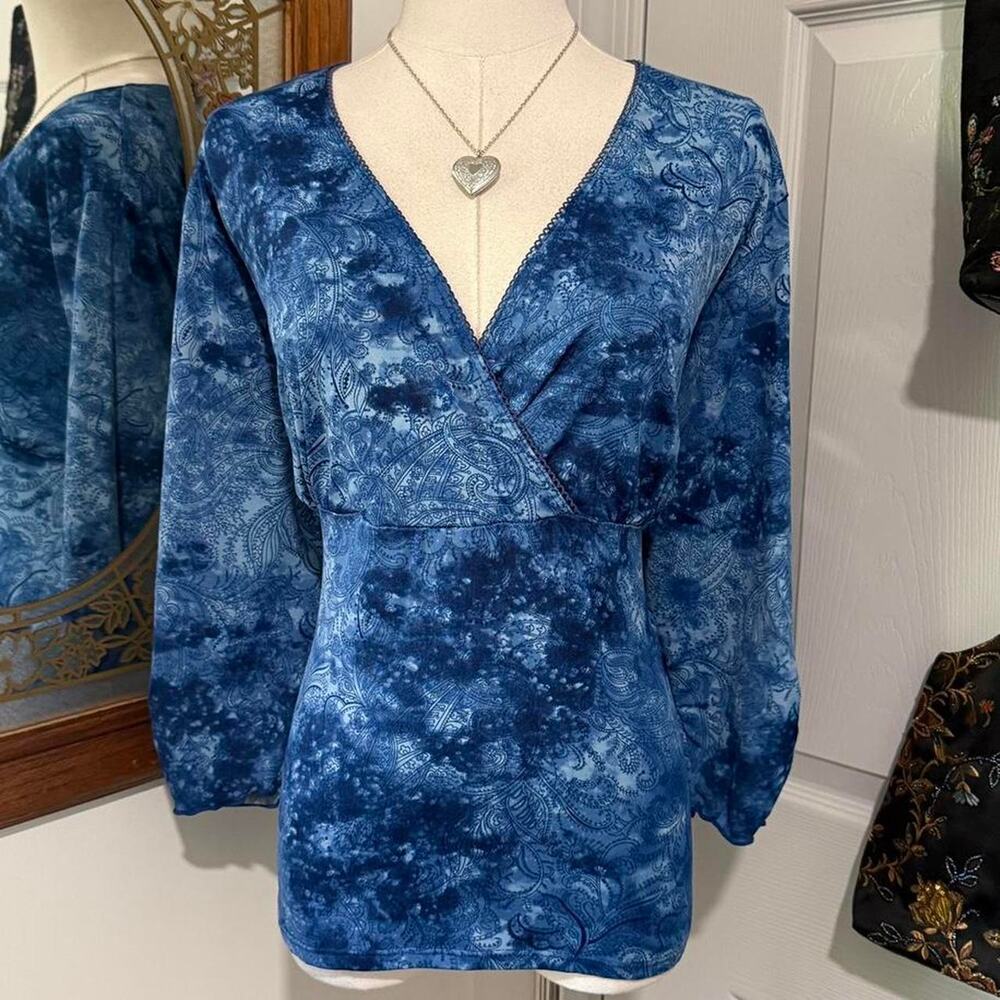 Y2K Venezia Blue Tie Dye Paisley Pattern w Purple Lace Trim Mid Sleeve Top 14/16
